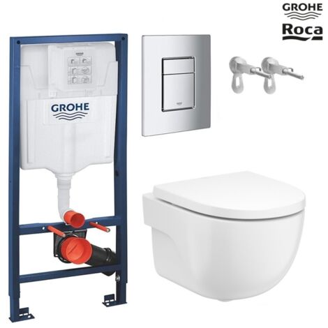 Bastidor GROHE pack cisterna empotrada y pulsador cromo con inodoro WC suspendido Roca Meridian Blanco 48 cm
