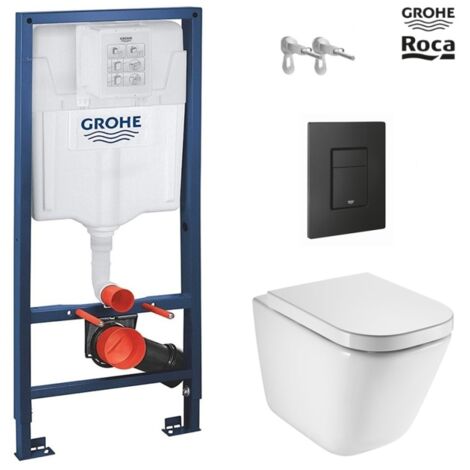 Bastidor GROHE Pack cisterna empotrada y pulsador EVEN negro mate con inodoro susp ROCA THE GAP rimless