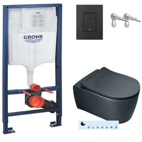 Bastidor GROHE pack cisterna empotrada y pulsador negro mate con inodoro WC suspendido Rim-ex Alfa Glacera negro mate