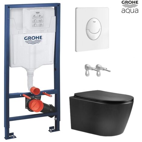 BASTIDOR GROHE PACK CISTERNA EMPOTRADA Y PULSADOR SKATE AIR BLANCO BRILLO CON INODORO SUSPENDIDO NEBULA BLACK MATE RIMLESS