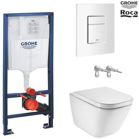 Bastidor GROHE Pack Cisterna empotrada y pulsador SKATE COSMO blanco brillo con inodoro susp ROCA THE GAP rimless