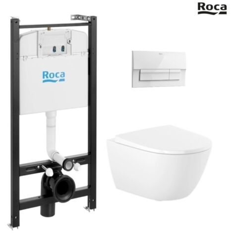 BASTIDOR ROCA ACTIVE PACK CISTERNA EMPOTRADA Y PULSADOR BLANCO BRILLANTE NEW CON INODORO SUSPENDIDO ROCA ONA asiento Soft Close