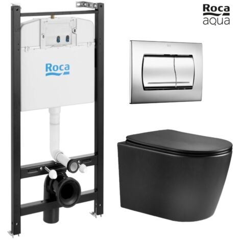 BASTIDOR ROCA ACTIVE PACK CISTERNA EMPOTRADA Y PULSADOR CROMO BRILLO CON INODORO SUSPENDIDO NEBULA BLACK MATE RIMLESS
