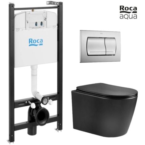 BASTIDOR ROCA ACTIVE PACK CISTERNA EMPOTRADA Y PULSADOR CROMO MAT CON INODORO SUSPENDIDO NEBULA BLACK MATE RIMLESS