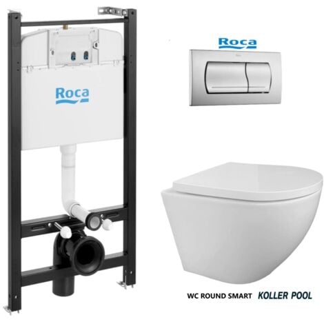 Bastidor ROCA Active pack cisterna empotrada y pulsador Cromo mate con inodoro suspendido ROUND de KP blanco