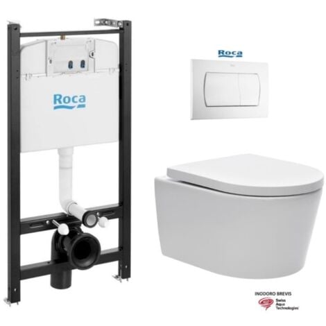Bastidor ROCA Active pack cisterna empotrada y pulsador PVC blanco brillo con inodoro suspendido Rim-ex Brevis blanco de SAT