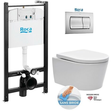 Bastidor Roca Active pack cisterna empotrada y pulsador PVC cromo brillo con inodoro suspendido Rim-ex Brevis de SAT