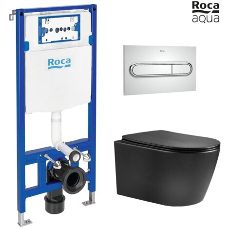 BASTIDOR ROCA DUPLO CON CISTERNA EMPOTRADA Y PULSADOR PL1 CROMO BR CON INODORO SUSPENDIDO NEBULA BLACK MATE RIMLESS