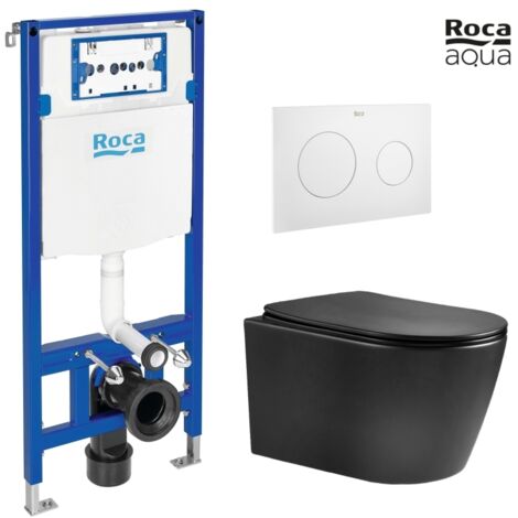 BASTIDOR ROCA DUPLO CON CISTERNA EMPOTRADA Y PULSADOR PL10 BLANCO MATE CON INODORO SUSPENDIDO NEBULA BLACK MATE RIMLESS