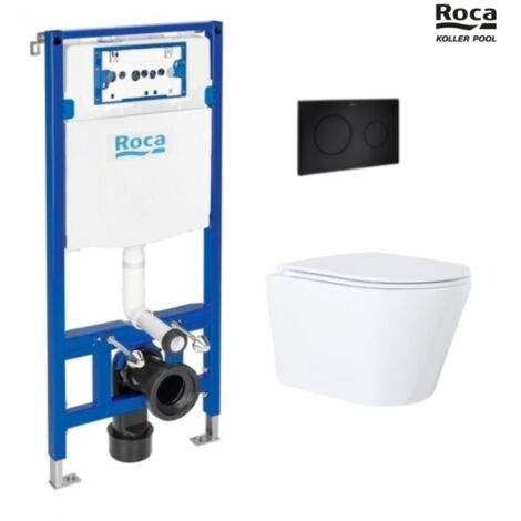 BASTIDOR ROCA DUPLO CON CISTERNA EMPOTRADA Y PULSADOR PL10 NEGRO MATE y WC susp. Orion blanco Tapa fina 51,5 cm VORTEX KP