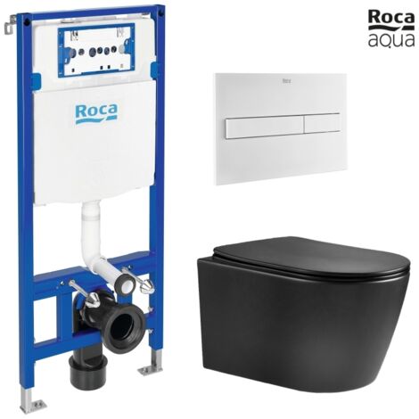 BASTIDOR ROCA DUPLO CON CISTERNA EMPOTRADA Y PULSADOR PL7 BLANCO MATE CON INODORO SUSPENDIDO NEBULA BLACK MATE RIMLESS