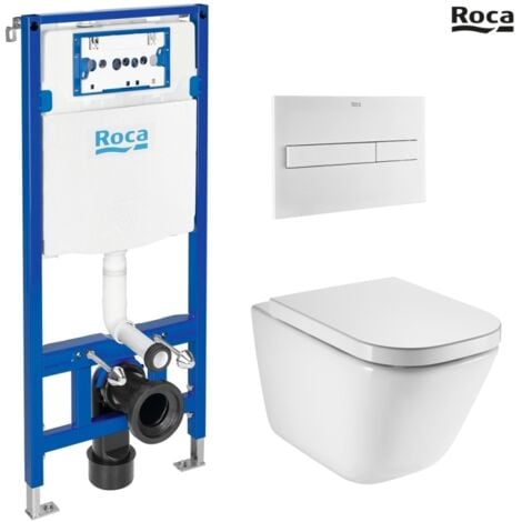 Bastidor ROCA DUPLO con cisterna empotrada y pulsador PL7 blanco mate con inodoro suspendido ROCA THE GAP con sistema rimless