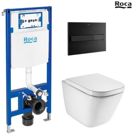 Bastidor ROCA DUPLO one pack cisterna empotrada y pulsador PL7 negro mat con inodoro suspendido ROCA THE GAP con sistema rimless
