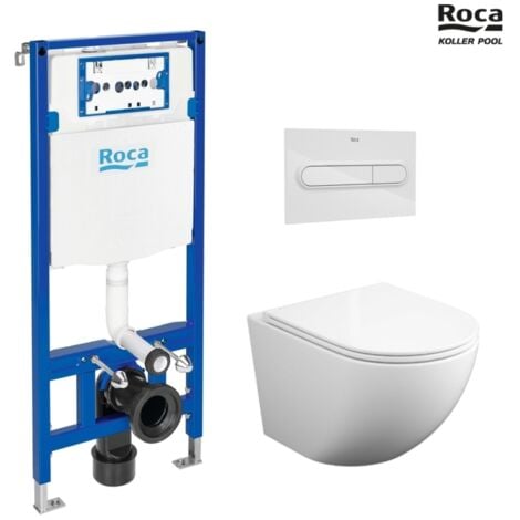 BASTIDOR ROCA DUPLO PACK CISTERNA EMPOTRADA Y PULSADOR PL1 BL BR CON INODORO SUSPENDIDO ROUND SMART 52cm TOR 3 CON ASIENTO FINO