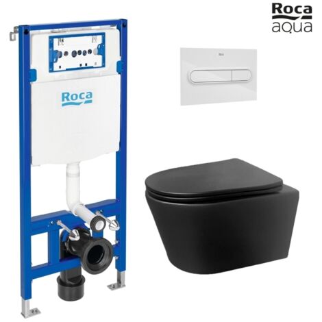 BASTIDOR ROCA DUPLO PACK CISTERNA EMPOTRADA Y PULSADOR PL1 BLANCO BRILLO CON INODORO SUSPENDIDO Rimless LIA Negro de AzulBath