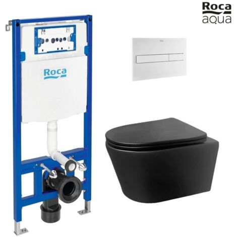 BASTIDOR ROCA DUPLO PACK CISTERNA EMPOTRADA Y PULSADOR PL7 BLANCO MATE CON INODORO SUSPENDIDO Rimless LIA Negro de AzulBath