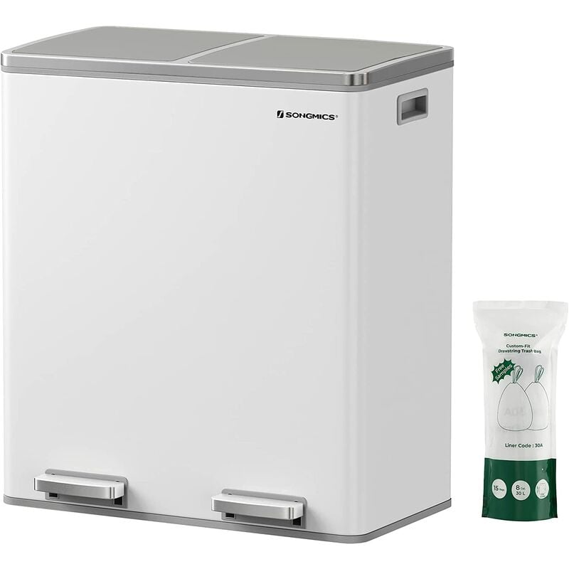 

Songmics - Basurero con 2 Compartimientos de 30L, Basurero de Reciclaje con Pedales de Metal, Cubos Interiores de Plástico y Tapa con Bisagras,