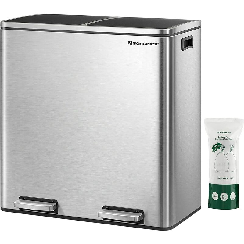 

Songmics - Cubo de basura de reciclaje con pedal, con 2 Cubos interiores de 2 x 30L, de Acero inoxidable sin huellas dactilares, cubos interiores de