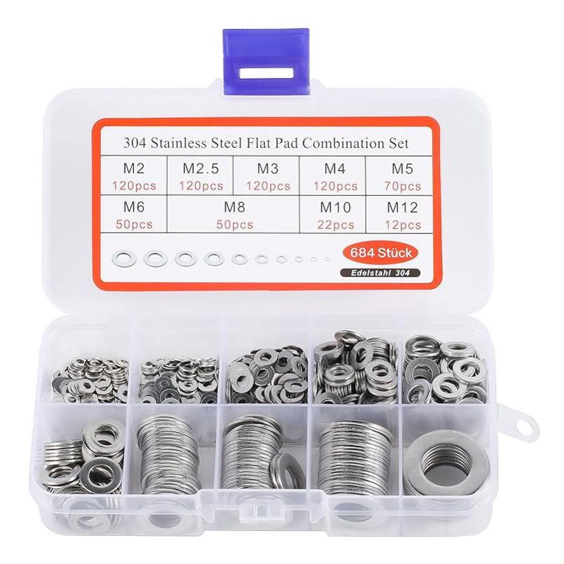 Basvii 684 Pièces Inox Rondelles Plates Metal, pour Gonds de Porte, 9 Tailles Rondelles Acier Inoxydabl 304 - M2 M2.5 M3 M4 M5 M6 M8 M10 M12 Rondelle