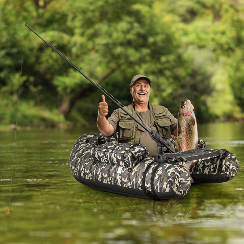 Maisonchic - Bateau de Pêche Gonflable avec Dossier&Pagaie&Règle à Poisson Support de Canne Poches de Rangement Palmes Pompe Charge 150 kg Camouflage