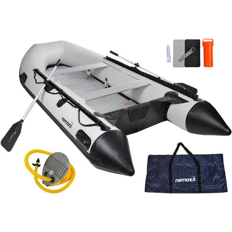 Bateau gonflable à rames 330 cm NEMAXX Professional pour 5 personnes - bateau pneumatique, bateau de pêche avec fond en alu et 2 bancs, gris - 2 rames et pompe à air incluses