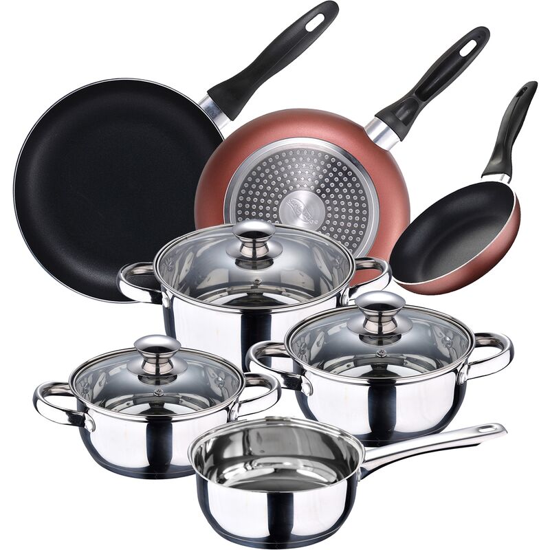 

Batería de cocina 7 piezas SAN IGNACIO en acero inoxidable + Set 3 sartenes Ø16/20/24 cm, aluminio prensado, aptas para inducción