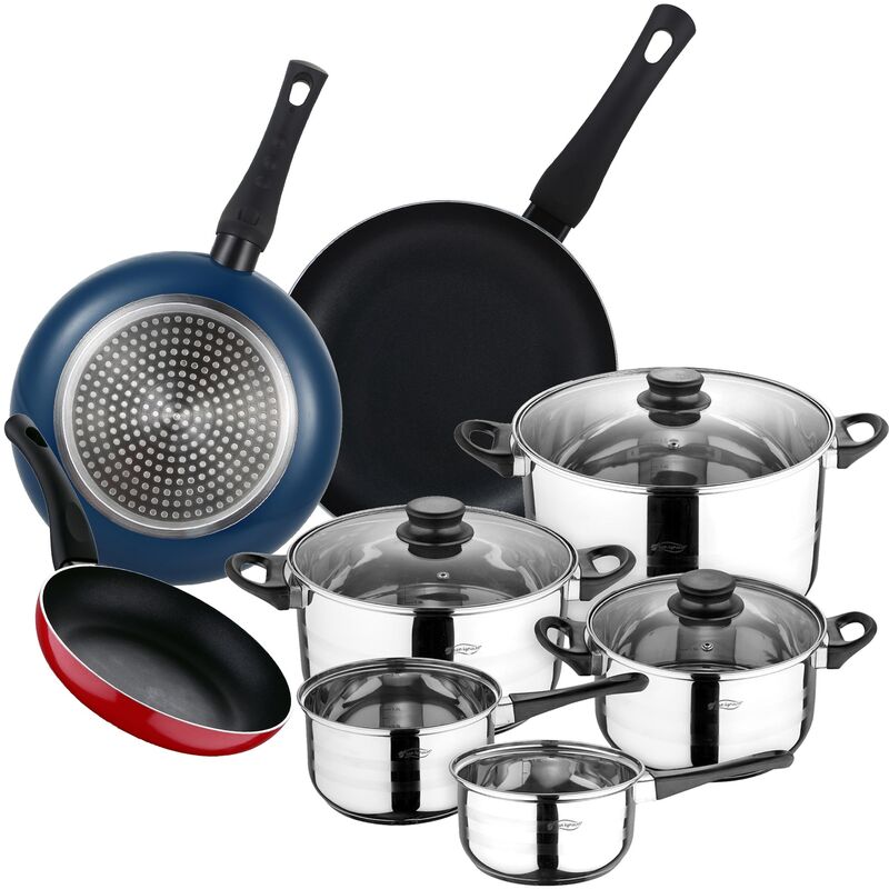 

Bateria de cocina 8 piezas SAN IGNACIO en acero inoxidable con juego de sartenes (20,24 y 28 cm) en aluminio prensado colección Jolie