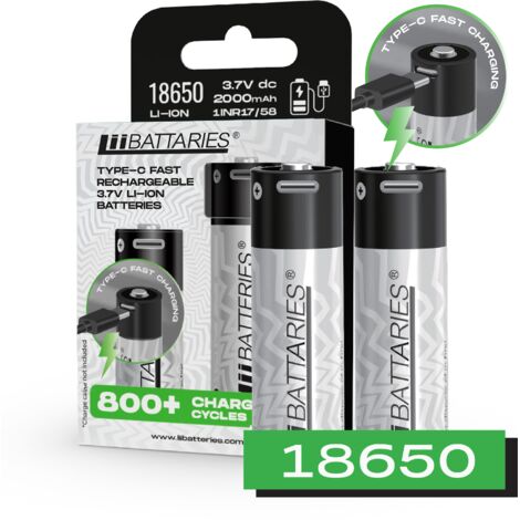 Bater铆as de iones de litio recargables de alto rendimiento USB-C 18650 de LiiBattaries, paquete de 2.