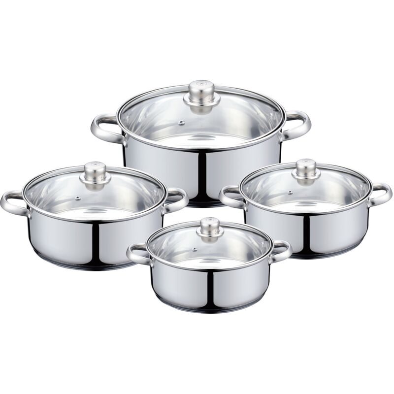 

Batería 8 piezas, acero inoxidable: ø30x13 (8 L); ø28x12 (6 L); ø26x11 (4,5 L); ø24x10. (3,5 L); con tapas de vidrio, inducción