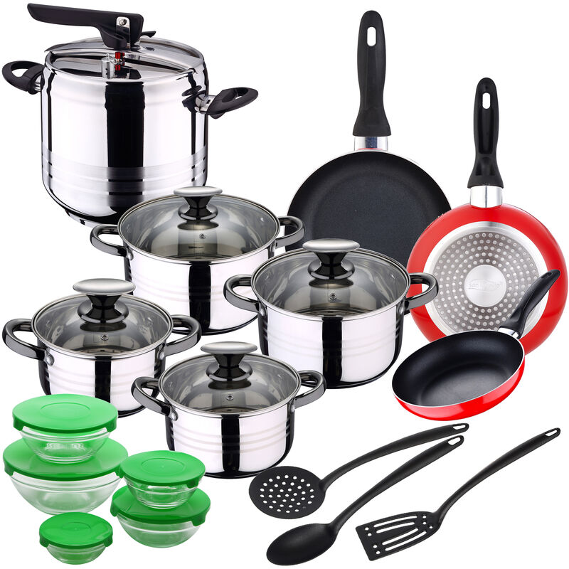 

San Ignacio - Bateria 8pc acero inoxidable + Olla a presion 7l acero inoxidable + Set 3pcs Utensilios de cocina en nylon + Juego de 3 sartenes