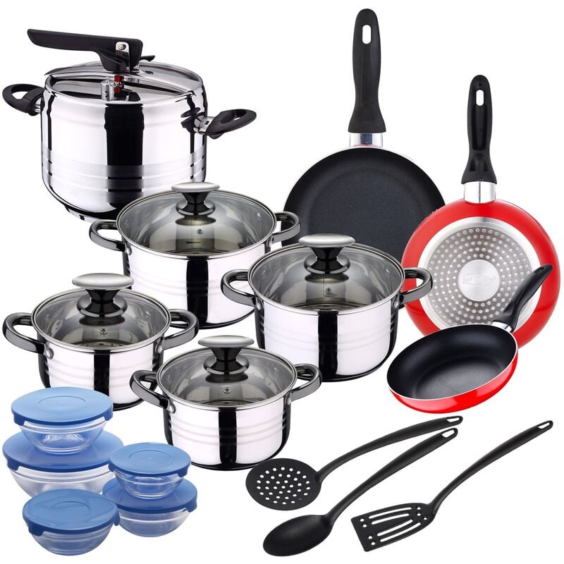 

San Ignacio - Bateria 8pc acero inoxidable + Olla a presion 5l acero inoxidable + Set 3pcs Utensilios de cocina en nylon + Juego de 3 sartenes