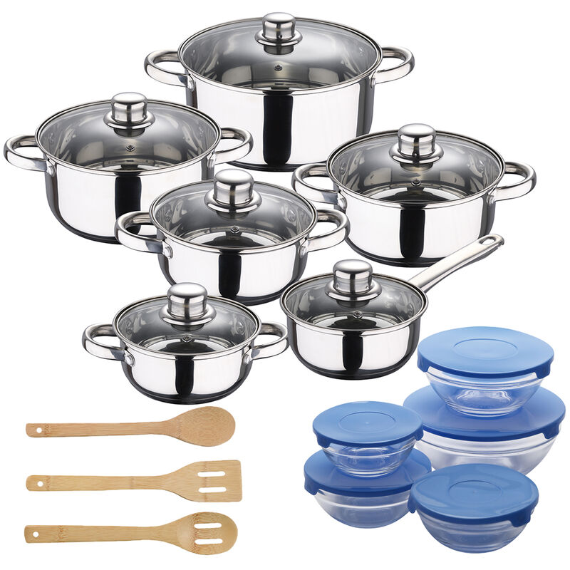 

Bateria de cocina 12 piezas Cassel de acero inoxidable con 5 boles con tapa azul + set 3 utensilios de cocina de madera - San Ignacio