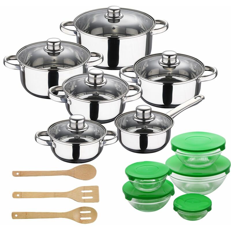 

Bateria de cocina 12 piezas Cassel de acero inoxidable con 5 boles con tapa verde + set 3 utensilios de cocina de madera - San Ignacio