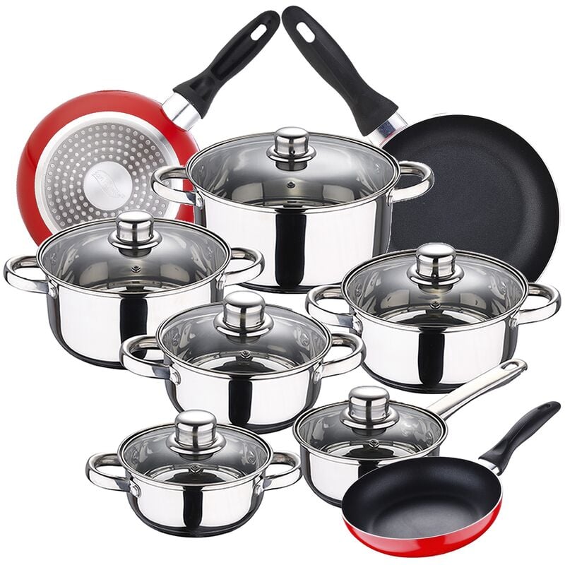 

Bateria de cocina 12 piezas SAN IGNACIO Cassel en acero inoxidable con juego de sartenes (16/20/24 cm) SAN IGNACIO Navy Red en aluminio prensado