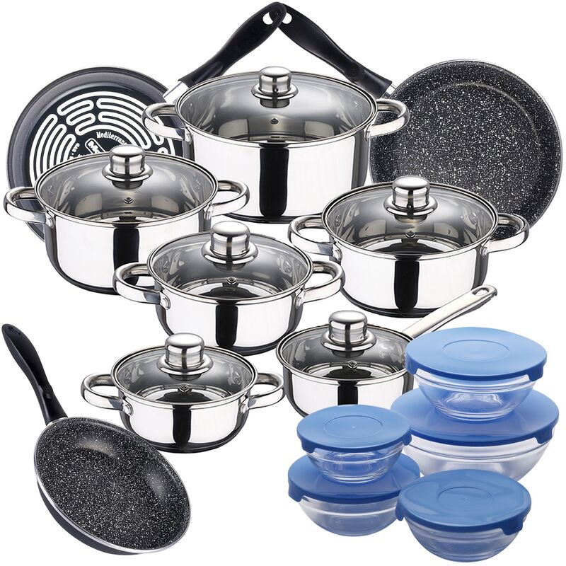 

Bateria de cocina 12 piezas SAN IGNACIO Cassel en acero inoxidable con juego de sartenes (18/20/24 cm) MAGEFESA K2 Gransasso en acero esmaltado y 5