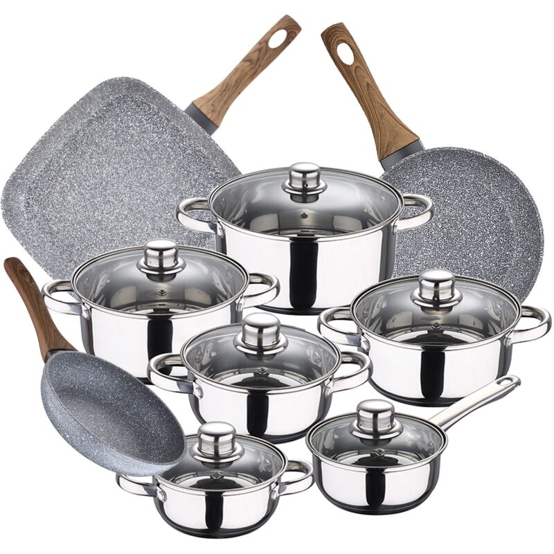 

Bateria de cocina 12 piezas Cassel en acero inoxidable con juego de sartenes (18/20 cm) con asador 28x28 cm Daimiel en aluminio forjado - San Ignacio