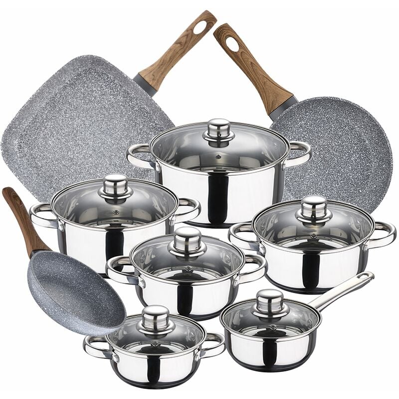 

Bateria de cocina 12 piezas Cassel en acero inoxidable con juego de sartenes (18/22 cm) y grill 28x28 cm Daimiel en aluminio forjado - San Ignacio