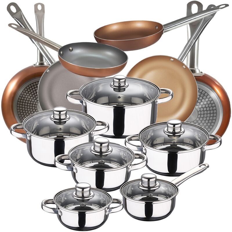 

Bateria de cocina 12 piezas SAN IGNACIO Cassel en acero inoxidable con juego de sartenes (18,20,22,24,26,28 cm) BERGNER Professional Chef Copper Plus