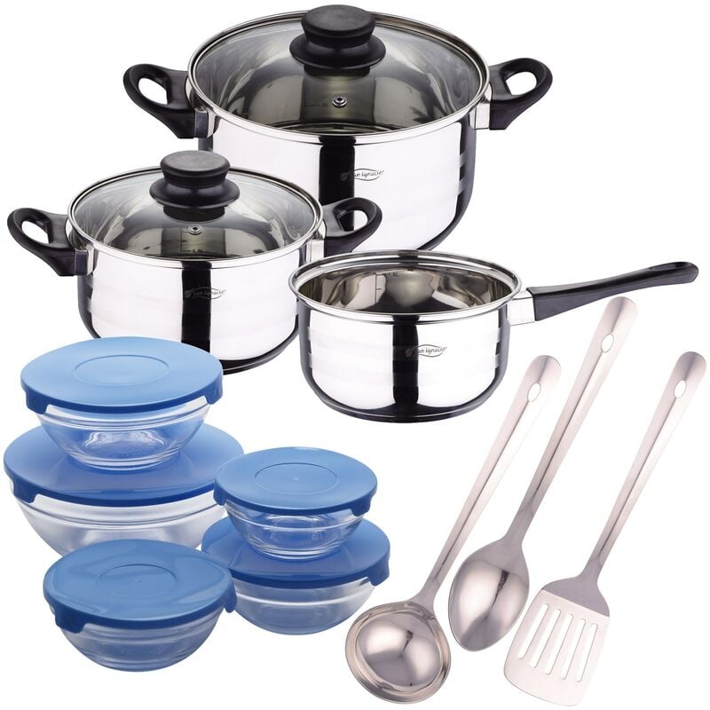 

San Ignacio - Batería de cocina 5 piezas (3 cuerpos y 2 tapas de vidrio) + Set 3 utensilios de cocina acero inoxidable + Set 5 boles de cristal con 5