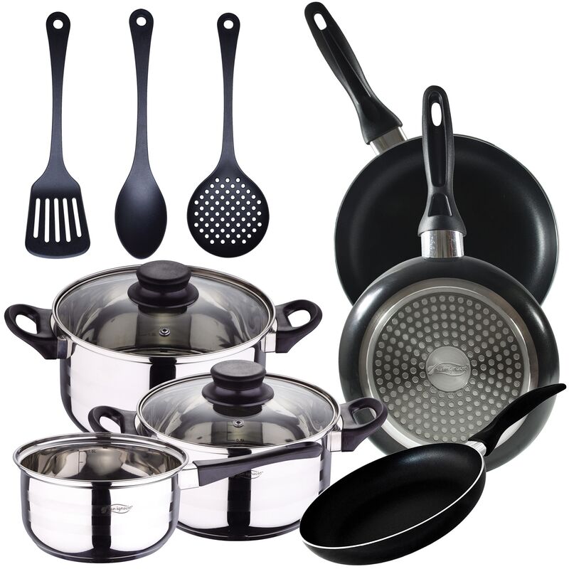 

San Ignacio - Batería de cocina 5 piezas acero inoxidable y 3pcs Utensilios de cocina y Set 3pcs sartenes 16/20/24 cms, negro, aluminio prensado,