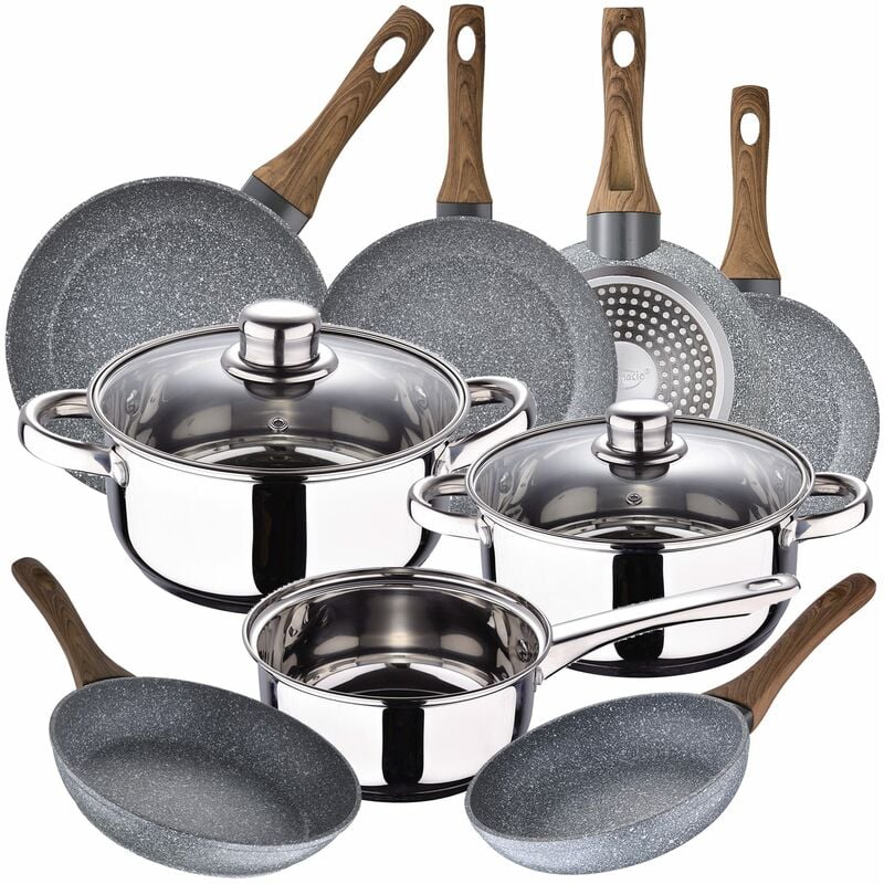 

Bateria de cocina 5 piezas SAN IGNACIO Cassel de acero inoxidable con juego de sartenes (18/20/22/24/26/28 cm) SAN IGNACIO Daimiel en aluminio forjado
