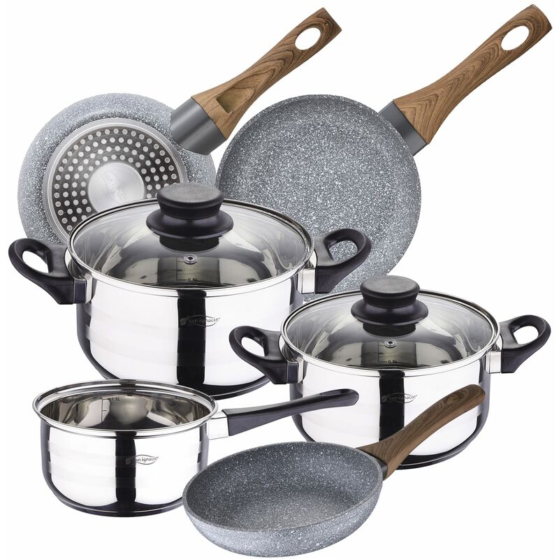

Bateria de cocina 5 piezas SAN IGNACIO de acero inoxidable con juego de sartenes Daimiel (18/20/22 cm) en aluminio forjado aptas para induccion