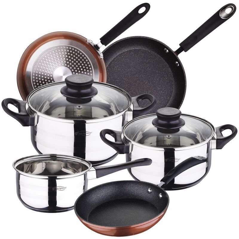 

Bateria de cocina 5 piezas SAN IGNACIO de acero inoxidable con juego de sartenes Moma (20/24/28 cm) en aluminio forjado aptas para induccion
