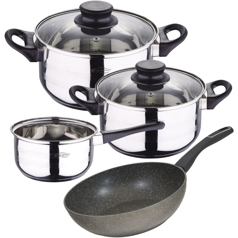 

Bateria de cocina 5 piezas SAN IGNACIO de acero inoxidable con wok 28x7,2 cm Mercury en aluminio forjado apta para induccion