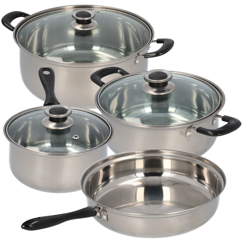 

Batería de cocina 7 piezas: cazo Ø16 y cacerolas Ø18 y Ø24 cm con sus respectivas tapas, y sartén Ø24 cm, acero inoxidable