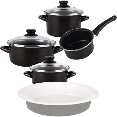 Bateria de cocina 7 piezas de acero vitrificado apta para induccion Magefesa con fuente oval 36cm en gres Masterpro Gravity