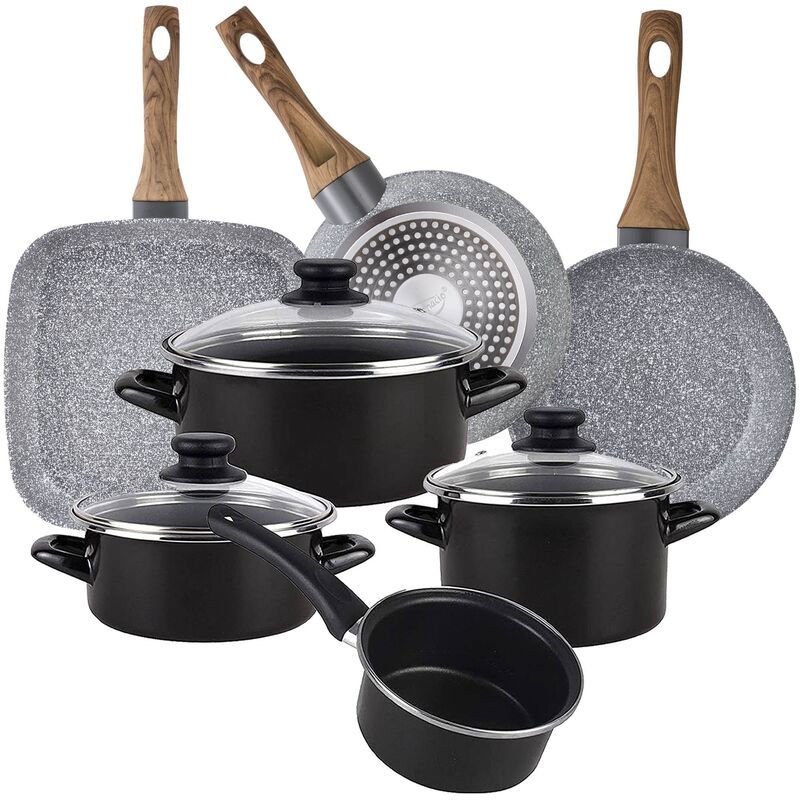 

Bateria de cocina 7 piezas MAGEFESA Kenia de acero esmaltado con juego de sartenes (18/22 cm) y grill 28x28 SAN IGNACIO Daimiel en aluminio forjado