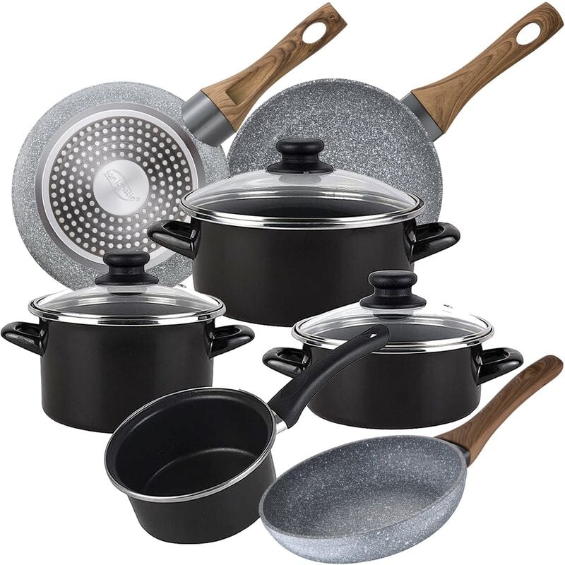 

Bateria de cocina 7 piezas MAGEFESA Kenia de acero esmaltado con juego de sartenes (22/24/26 cm) SAN IGNACIO Daimiel en aluminio forjado