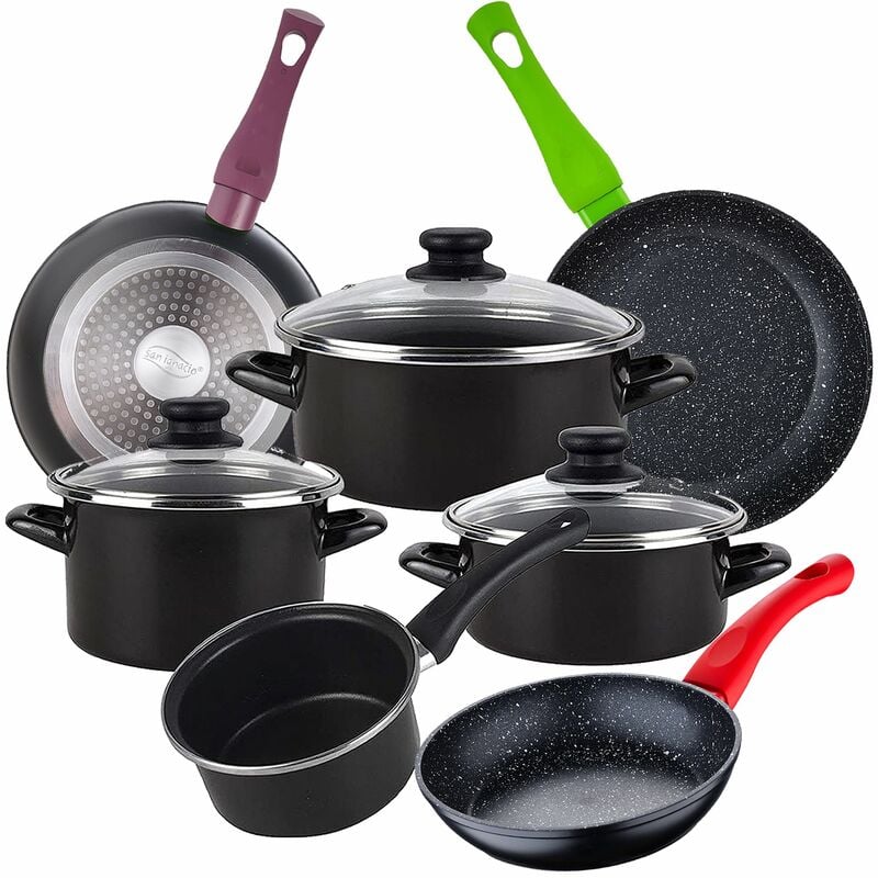 

Bateria de cocina 7 piezas MAGEFESA Kenia de acero vitrificado con juego de sartenes (18/22/26 cm) SAN IGNACIO Jolie de aluminio forjado