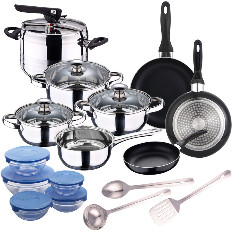 

Batería de cocina 7 piezas SAN IGNACIO en acero inoxidable + Olla a presion 5l acero inoxidable + Set 3pcs Utensilios de cocina en Acero Inoxidable +